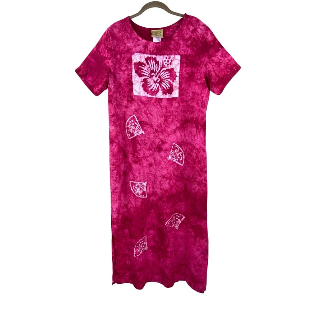 Vintage Blue Cactus 100% Linen Maxi Dress Size M Pink Floral Tie Dye